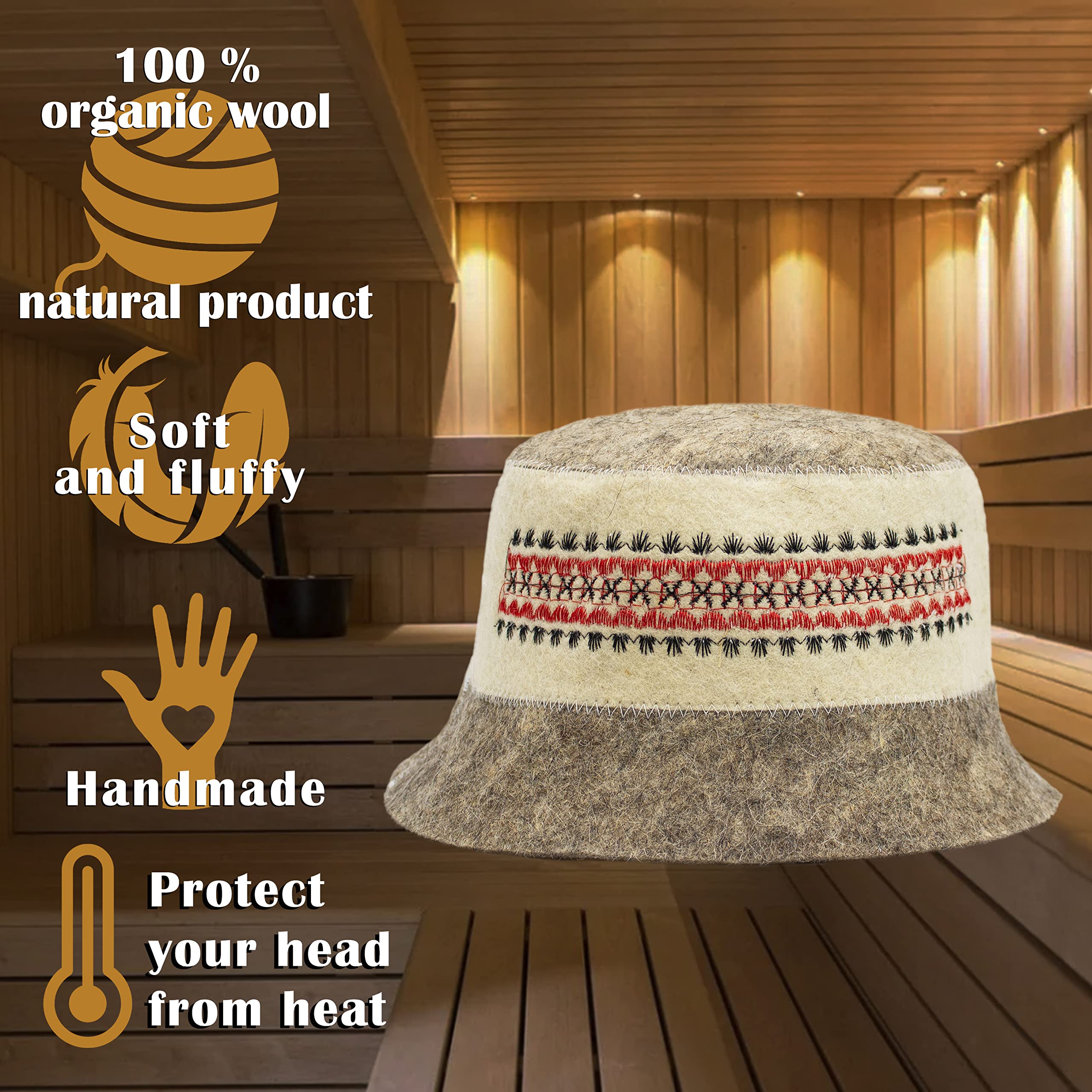 SHSH trade group Ukrainian Wool Sauna Hat Embroidered Ornament Vyshyvanka - Sauna Hat Finnish Ukraine Sauna Hat Wool Russian Banya Sauna Hat for Men Sauna Hats Beige and Gray