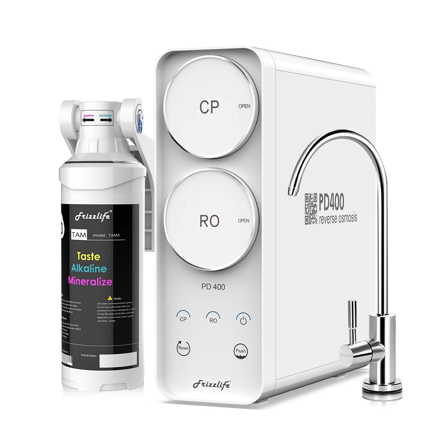 Frizzlife Reverse Osmosis System, Tankless 400 GPD Drinking Water Filtration System, with TAM3 Alkaline Remineralize Filter