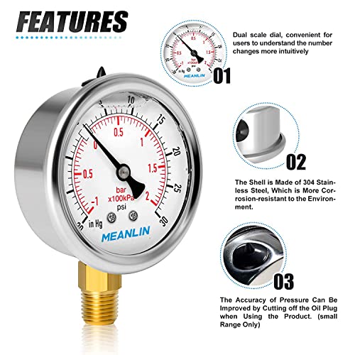 MEANLIN MEASURE -30~30Psi Stainless Steel 1/4" NPT 2.5" FACE DIAL,Vacuum Pressure Gauge,Lower Mount, with 1/4" x 1/2" NPT and 1/4" x 3/8" NPT Hex Bushing