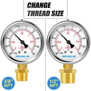 MEANLIN MEASURE -30~30Psi Stainless Steel 1/4" NPT 2.5" FACE DIAL,Vacuum Pressure Gauge,Lower Mount, with 1/4" x 1/2" NPT and 1/4" x 3/8" NPT Hex Bushing