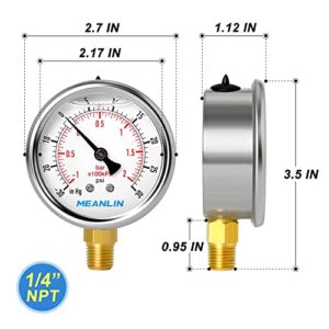MEANLIN MEASURE -30~30Psi Stainless Steel 1/4" NPT 2.5" FACE DIAL,Vacuum Pressure Gauge,Lower Mount, with 1/4" x 1/2" NPT and 1/4" x 3/8" NPT Hex Bushing