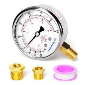 meanlin measure -30~60psi stainless steel 1/4" npt 2.5" face dial vacuum pressure gauge, lower mount, with 1/4" x 1/2" npt and 1/4" x 3/8" npt hex bushing
