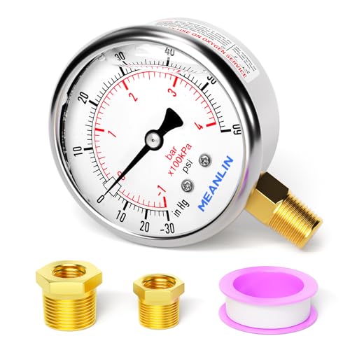 MEANLIN MEASURE -30~60Psi Stainless Steel 1/4" NPT 2.5" FACE DIAL Vacuum Pressure Gauge, Lower Mount, with 1/4" x 1/2" NPT and 1/4" x 3/8" NPT Hex Bushing