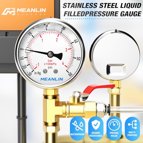 MEANLIN MEASURE -30~60Psi Stainless Steel 1/4" NPT 2.5" FACE DIAL Vacuum Pressure Gauge, Lower Mount, with 1/4" x 1/2" NPT and 1/4" x 3/8" NPT Hex Bushing