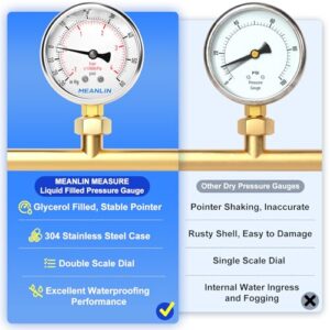 MEANLIN MEASURE -30~60Psi Stainless Steel 1/4" NPT 2.5" FACE DIAL Vacuum Pressure Gauge, Lower Mount, with 1/4" x 1/2" NPT and 1/4" x 3/8" NPT Hex Bushing