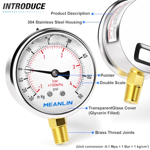 MEANLIN MEASURE -30~60Psi Stainless Steel 1/4" NPT 2.5" FACE DIAL Vacuum Pressure Gauge, Lower Mount, with 1/4" x 1/2" NPT and 1/4" x 3/8" NPT Hex Bushing