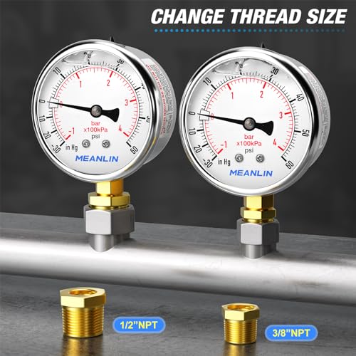 MEANLIN MEASURE -30~60Psi Stainless Steel 1/4" NPT 2.5" FACE DIAL Vacuum Pressure Gauge, Lower Mount, with 1/4" x 1/2" NPT and 1/4" x 3/8" NPT Hex Bushing