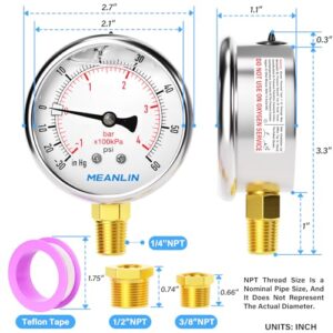 MEANLIN MEASURE -30~60Psi Stainless Steel 1/4" NPT 2.5" FACE DIAL Vacuum Pressure Gauge, Lower Mount, with 1/4" x 1/2" NPT and 1/4" x 3/8" NPT Hex Bushing