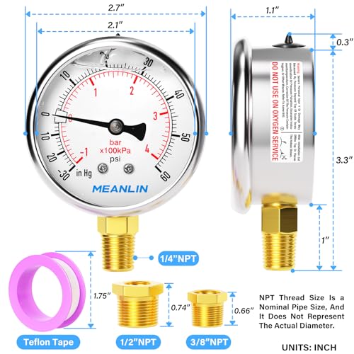 MEANLIN MEASURE -30~60Psi Stainless Steel 1/4" NPT 2.5" FACE DIAL Vacuum Pressure Gauge, Lower Mount, with 1/4" x 1/2" NPT and 1/4" x 3/8" NPT Hex Bushing