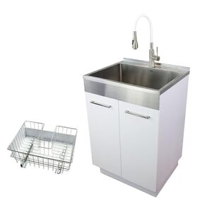 transolid tcab-2420-wsw 24-in all-in-one laundry cabinet sink, stainless steel high arc faucet, and basket, white