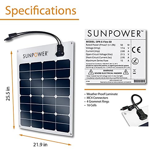 ExpertPower 50W Flexible Solar Panel| High-Efficiency Module with Monocrystalline Maxeon Solar Cells for RV, Boat, Camping and Generator Charging Applications