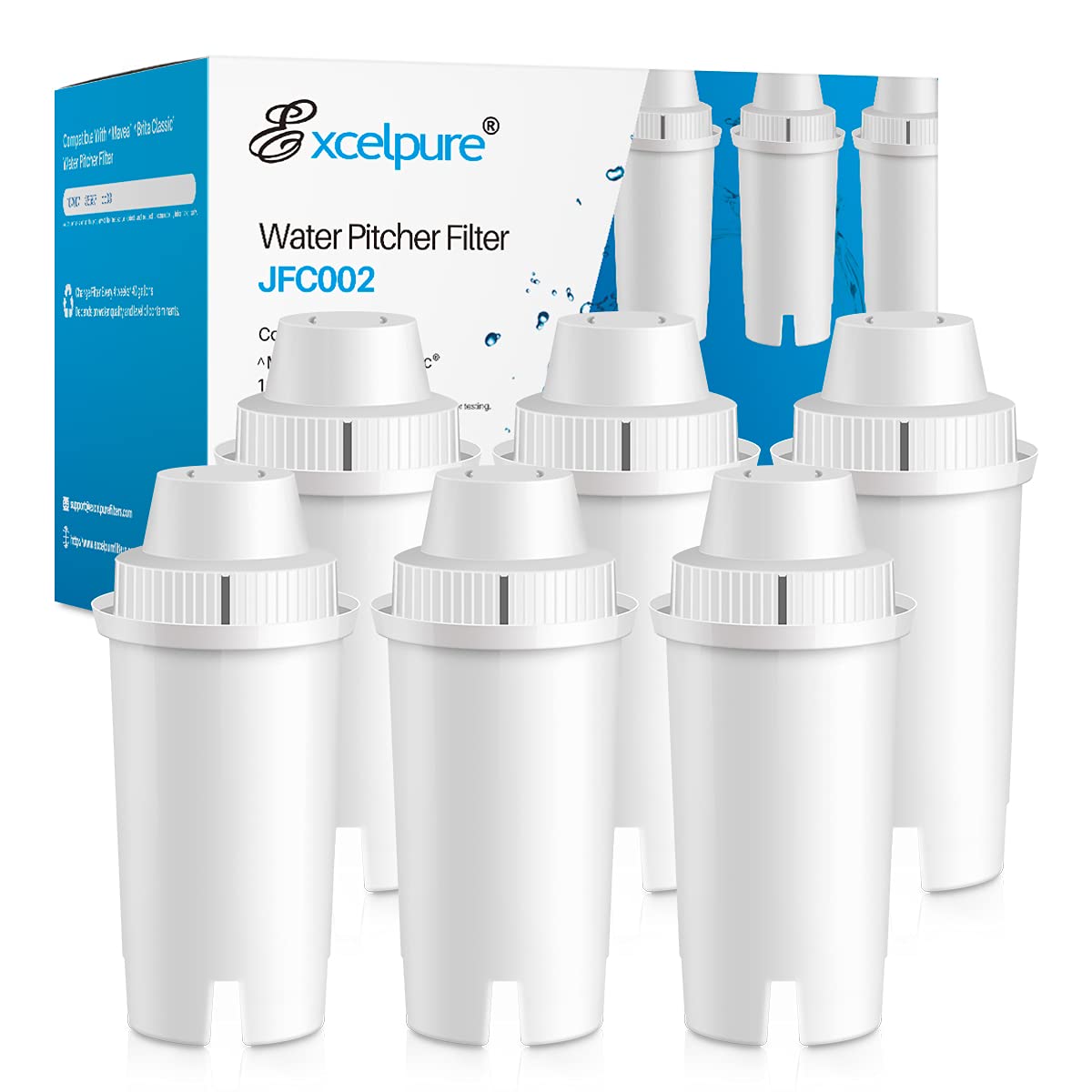 EXCELPURE Replacement for Brita Longlast Water Filter Pitcher for drinking water, Compatible with standard Mavea 107007, Brita Classic 35557, ob03, maxtra, lead removal, 6PACK