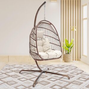 Bulexyard Swing Egg Chair with Stand Indoor Outdoor Wicker Rattan Patio Basket Hanging Chair with UV Resistant Cushions 350lbs Capacity for Bedroom Balcony Patio (Brown)
