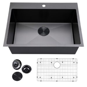 vccucine black drop in kitchen sink, 33 x 22 inch modern square single bowl stainless steel basin topmount kitchen sink, 16 gauge metal laundry sink with strainer