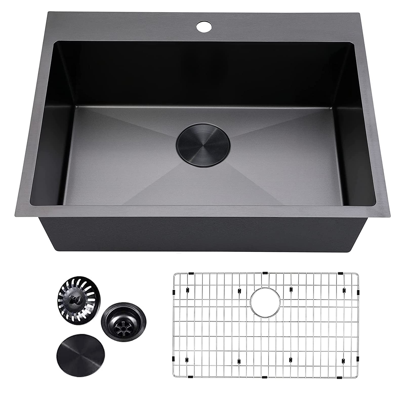 VCCUCINE Black Drop in Kitchen Sink, 33 x 22 Inch Modern Square Single Bowl Stainless Steel Basin Topmount Kitchen Sink, 16 Gauge Metal Laundry Sink with Strainer