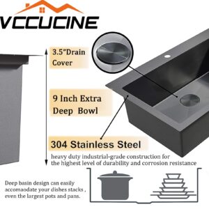 VCCUCINE Black Drop in Kitchen Sink, 33 x 22 Inch Modern Square Single Bowl Stainless Steel Basin Topmount Kitchen Sink, 16 Gauge Metal Laundry Sink with Strainer