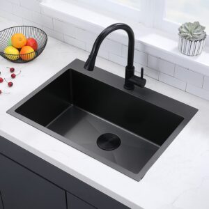 VCCUCINE Black Drop in Kitchen Sink, 33 x 22 Inch Modern Square Single Bowl Stainless Steel Basin Topmount Kitchen Sink, 16 Gauge Metal Laundry Sink with Strainer