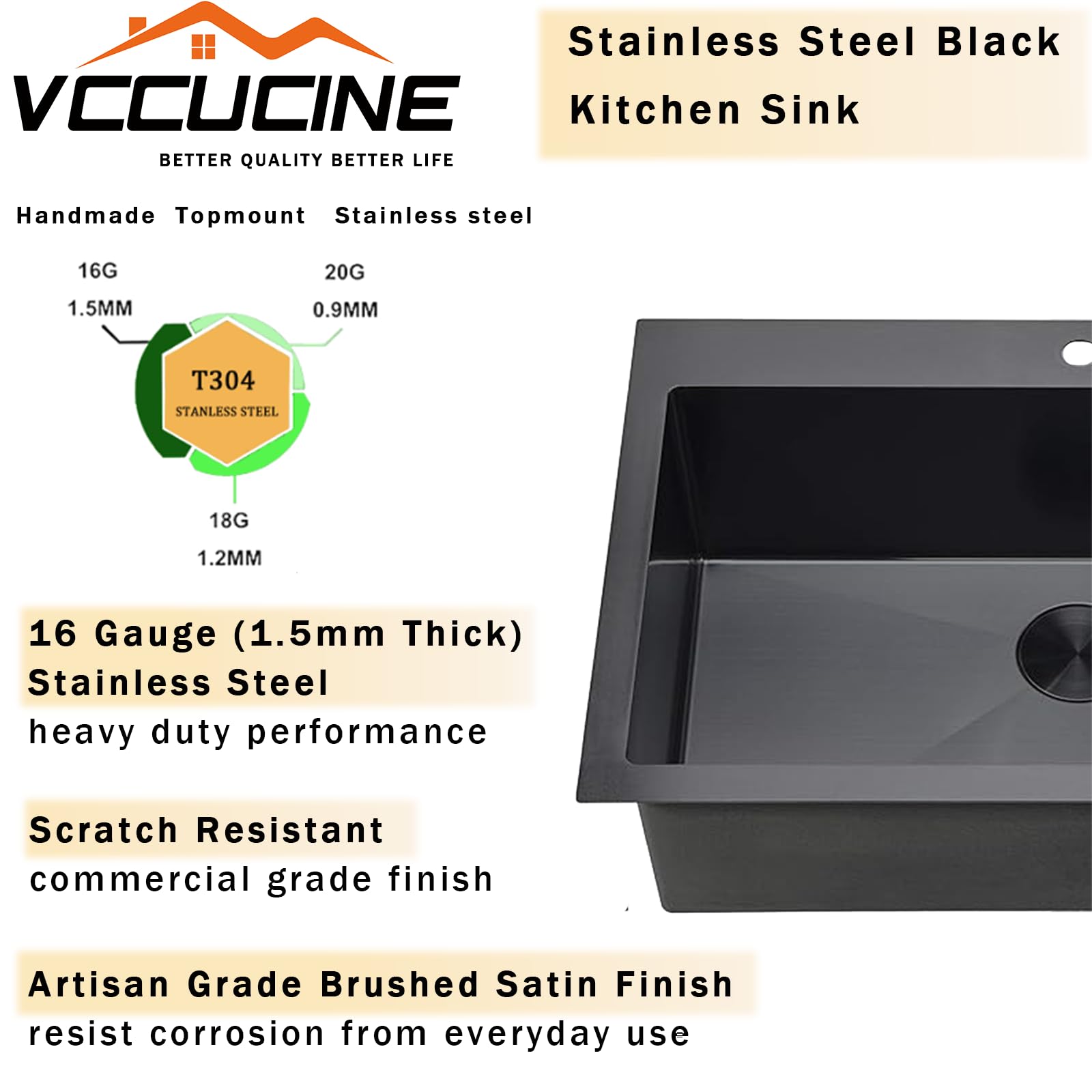 VCCUCINE Black Drop in Kitchen Sink, 33 x 22 Inch Modern Square Single Bowl Stainless Steel Basin Topmount Kitchen Sink, 16 Gauge Metal Laundry Sink with Strainer