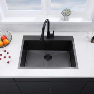 VCCUCINE Black Drop in Kitchen Sink, 33 x 22 Inch Modern Square Single Bowl Stainless Steel Basin Topmount Kitchen Sink, 16 Gauge Metal Laundry Sink with Strainer