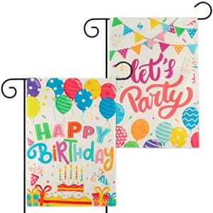 watinc 2pcs happy birthday garden flags let’s party burlap yard signs vertical double sided readable birthday cake banner poster party decorations supplies for indoor outdoor lawn 12.3 x 18.5 inch
