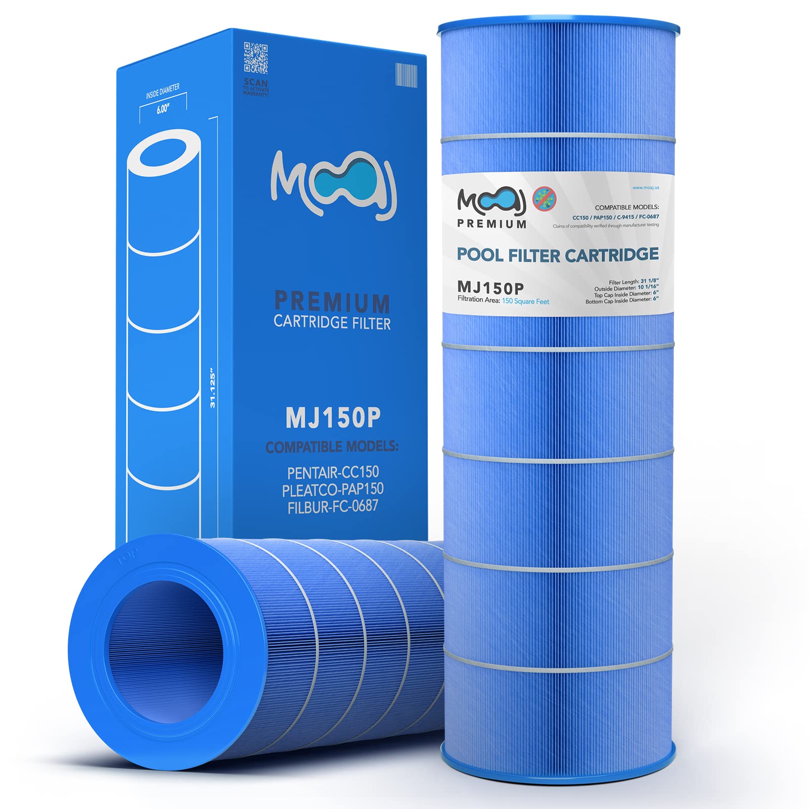 MOAJ Premium Pool Filter Replaces Pentair CC150, Clean and Clear 150, CCRP150, R173216, 160317, 160355, Predator 150, PAP150, Filbur FC-0687, C-9415 | 31 1/8" x 10 1/16" | Asepsis-Infused Filtration