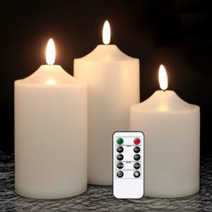 genswin flickering flameless candles, waterproof led candles with remote and timer,battery operated pillar 3d wick candles for indoor outdoor lanterns, won’t melt, long-lasting(white, set of 3)