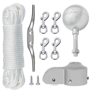 nq flagpole hardware repair parts kit-50 feet halyard rope +3" silver ball+6" zinc alloy cleat +4 pcs metal swivel snap clips+aluminum alloy flagpole truck with nylon pulley for 1.6"-2" flag poles top