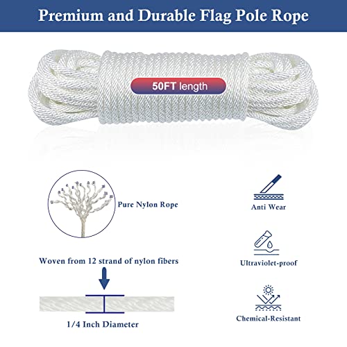 NQ Flagpole Hardware Repair Parts Kit-50 Feet Halyard Rope +3" Silver Ball+6" Zinc Alloy Cleat +4 PCS Metal Swivel Snap Clips+Aluminum Alloy Flagpole Truck with Nylon Pulley for 1.6"-2" Flag Poles Top