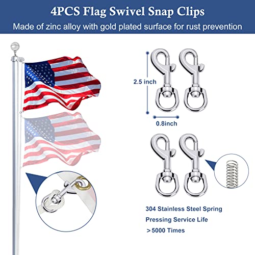 NQ Flagpole Hardware Repair Parts Kit-50 Feet Halyard Rope +3" Silver Ball+6" Zinc Alloy Cleat +4 PCS Metal Swivel Snap Clips+Aluminum Alloy Flagpole Truck with Nylon Pulley for 1.6"-2" Flag Poles Top