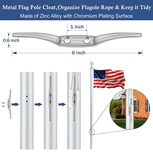 NQ Flagpole Hardware Repair Parts Kit-50 Feet Halyard Rope +3" Silver Ball+6" Zinc Alloy Cleat +4 PCS Metal Swivel Snap Clips+Aluminum Alloy Flagpole Truck with Nylon Pulley for 1.6"-2" Flag Poles Top