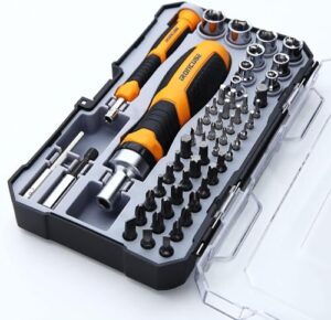 ironcube ratcheting screwdriver set, 56pcs phillips slotted torx hex pz and socket, magnetic bits set for household, cool gifts for men or father