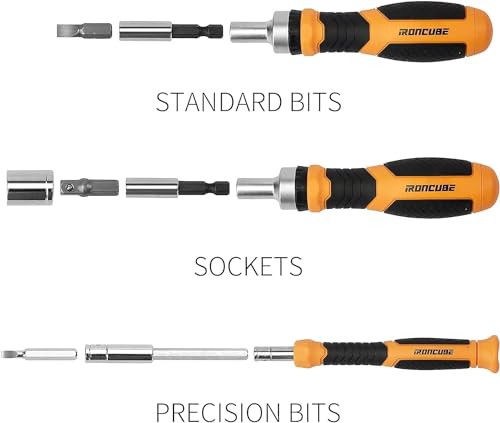 IRONCUBE Ratcheting Screwdriver Set, 56Pcs Phillips Slotted Torx Hex Pz and Socket, Magnetic Bits Set for Household, Cool Gifts for Men or Father