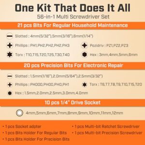 IRONCUBE Ratcheting Screwdriver Set, 56Pcs Phillips Slotted Torx Hex Pz and Socket, Magnetic Bits Set for Household, Cool Gifts for Men or Father