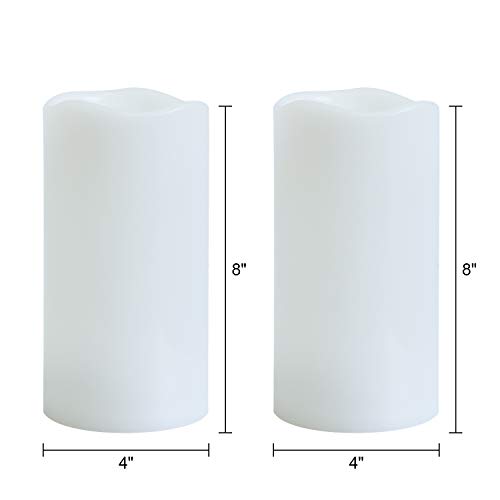 GenSwin 8” x 4” Waterproof Outdoor Flameless Candles Battery Operated with Remote Timer, Large Flickering LED Pillar Candles for Indoor Outdoor Lanterns, Won’t melt, Long-Lasting(White, Set of 2)