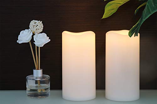 GenSwin 8” x 4” Waterproof Outdoor Flameless Candles Battery Operated with Remote Timer, Large Flickering LED Pillar Candles for Indoor Outdoor Lanterns, Won’t melt, Long-Lasting(White, Set of 2)