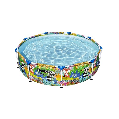 Bestway Steel Pro 9 Foot x 26 Inch Above Ground Round Outdoor Backyard Swimming Pool with 851 Gallon Water Capacity, Panda Jungle Print