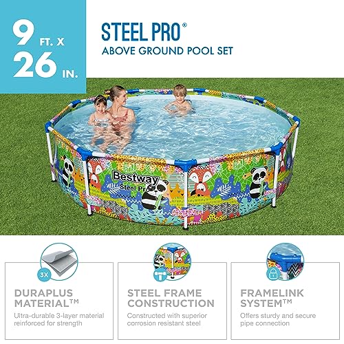 Bestway Steel Pro 9 Foot x 26 Inch Above Ground Round Outdoor Backyard Swimming Pool with 851 Gallon Water Capacity, Panda Jungle Print