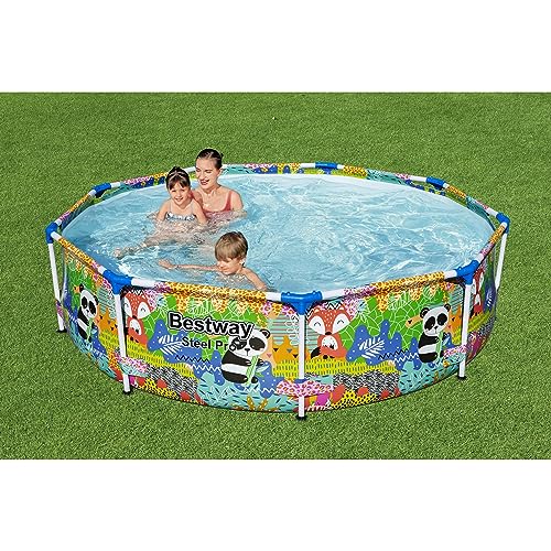 Bestway Steel Pro 9 Foot x 26 Inch Above Ground Round Outdoor Backyard Swimming Pool with 851 Gallon Water Capacity, Panda Jungle Print