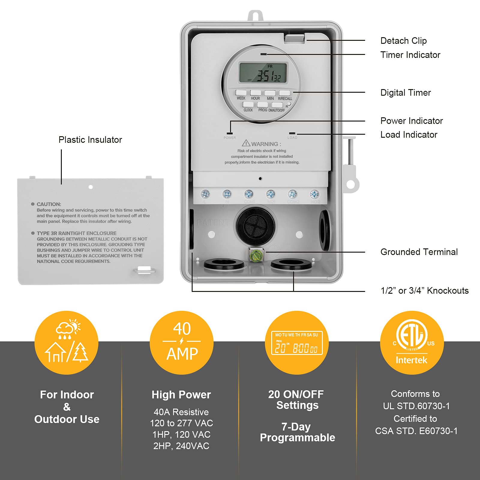 Suraielec Pool Timer, 7-Day Programmable Digital Box Timer Switch, 40 AMP, 2HP, 120, 240, 277 VAC, Outdoor Indoor Heavy Duty Pool Controller Timer Box for Pool Pump, Water Heater, Powerful Appliances