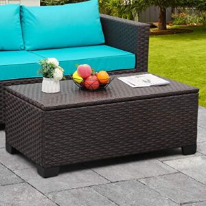 outdoor storage table wicker patio coffee table all-weather rattan side table with waterproof cover, brown