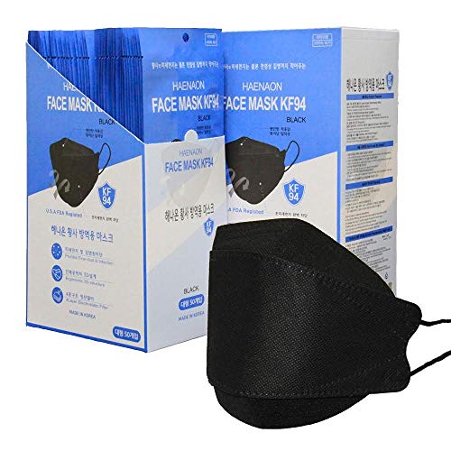 Haenaon Premium KF94 Mask - Face Protective Black Mask for Adult, Korean Face Mask, Certified KF94 Face Mask Made in Korea, FDA Resigtered (50 Individually Packaged)