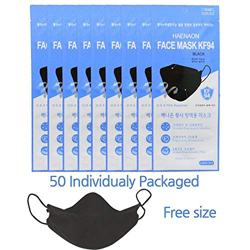 Haenaon Premium KF94 Mask - Face Protective Black Mask for Adult, Korean Face Mask, Certified KF94 Face Mask Made in Korea, FDA Resigtered (50 Individually Packaged)