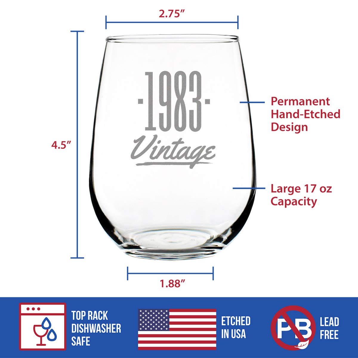 Vintage 1983-41st Birthday Stemless Wine Glass Gifts for Women & Men Turning 41 - Bday Party Decor - Large Glasses
