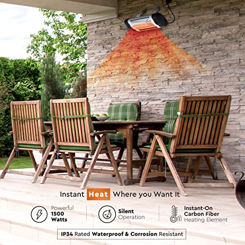 Comfort Zone Electronic Indoor/Outdoor Wall Mounted Patio Space Heater, Adjustable Thermostat, Timer, & IP34 Waterproof Rating, (Mount Hardware Included), Commercial and Residential, 1,500W, CZPH10