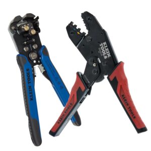 klein tools 80013 wiring tool kit with automatic wire stripper and ratcheting insulated terminal crimper, great electrical tool kit, 2-piece