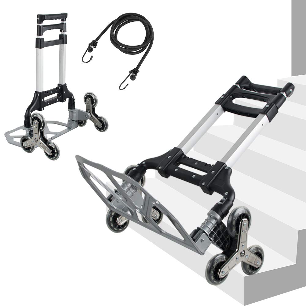 Stair Climbing Cart Portable Folding Stair Climber Hand Truck Trolley Aluminum Alloy 3–Level Height Adjustable with 6 Crystal Wheels and Climbing Ropes for Supermarket Home