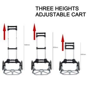 Stair Climbing Cart Portable Folding Stair Climber Hand Truck Trolley Aluminum Alloy 3–Level Height Adjustable with 6 Crystal Wheels and Climbing Ropes for Supermarket Home