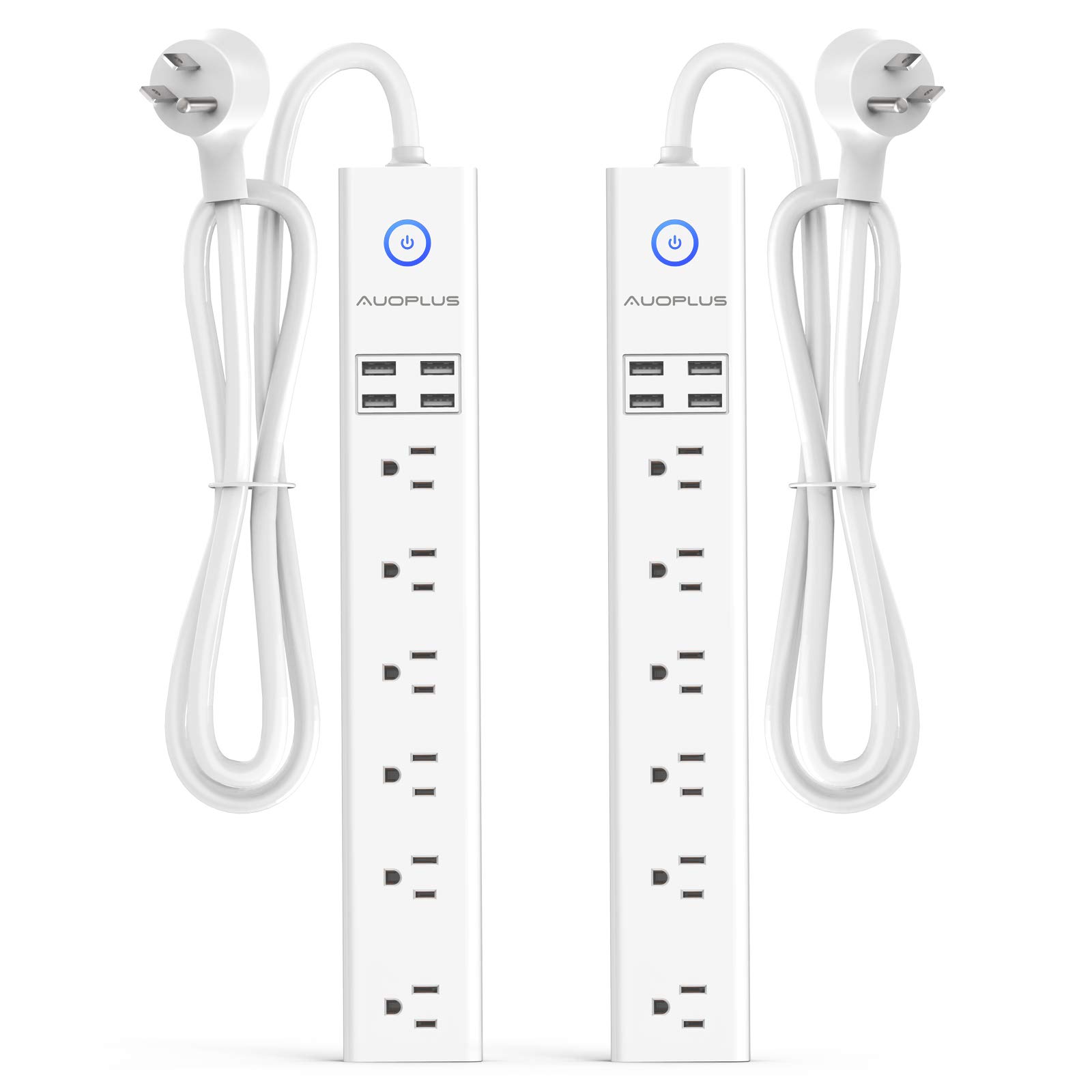 2 Pack Power Strip Surge Protector Flat Plug - 6 Widely Spaced Outlets 4 USB Charging Ports, 2100J/10A with 6Ft Long Extension Cord, Overload Surge Protection, Wall Mount for Home Office