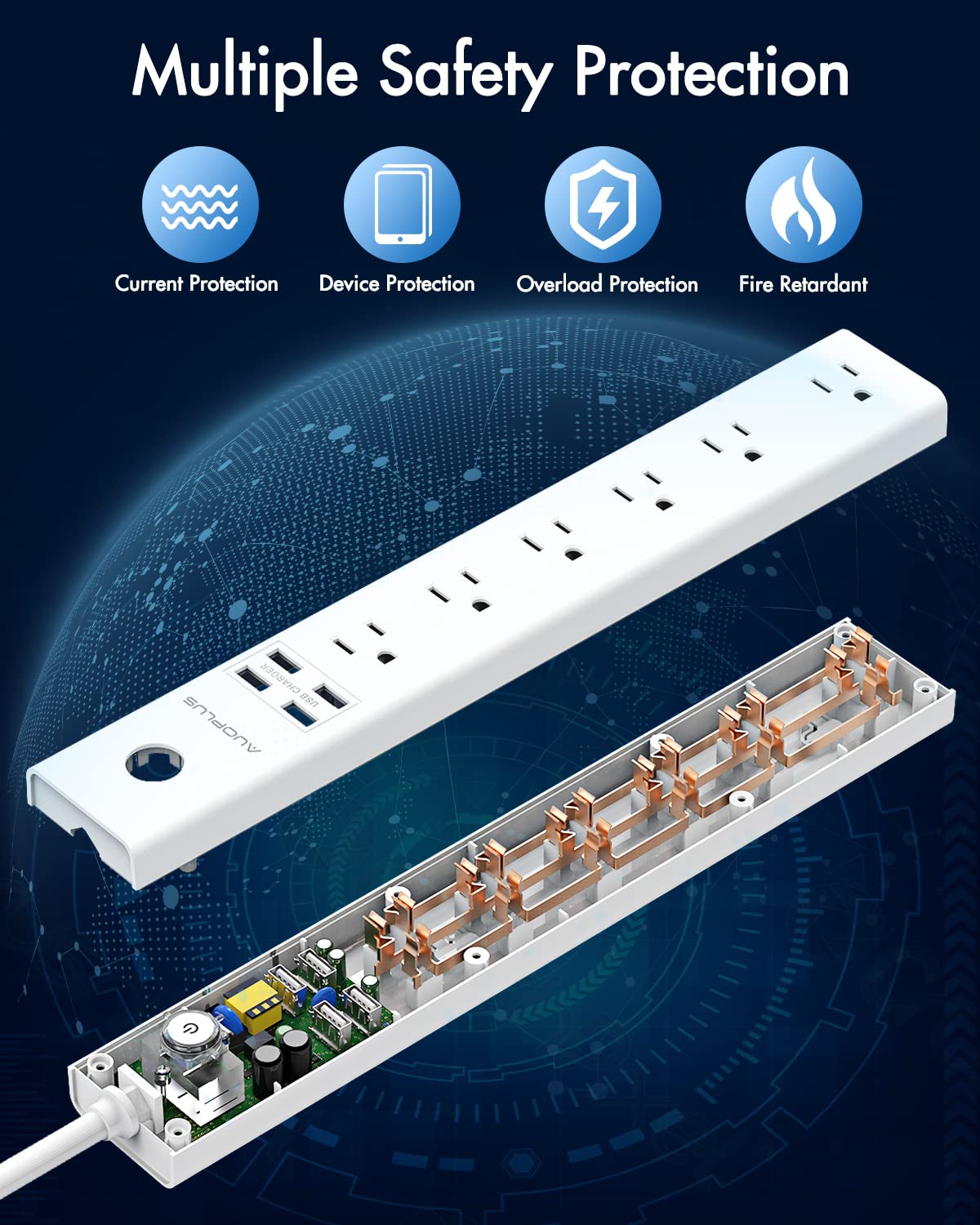 2 Pack Power Strip Surge Protector Flat Plug - 6 Widely Spaced Outlets 4 USB Charging Ports, 2100J/10A with 6Ft Long Extension Cord, Overload Surge Protection, Wall Mount for Home Office