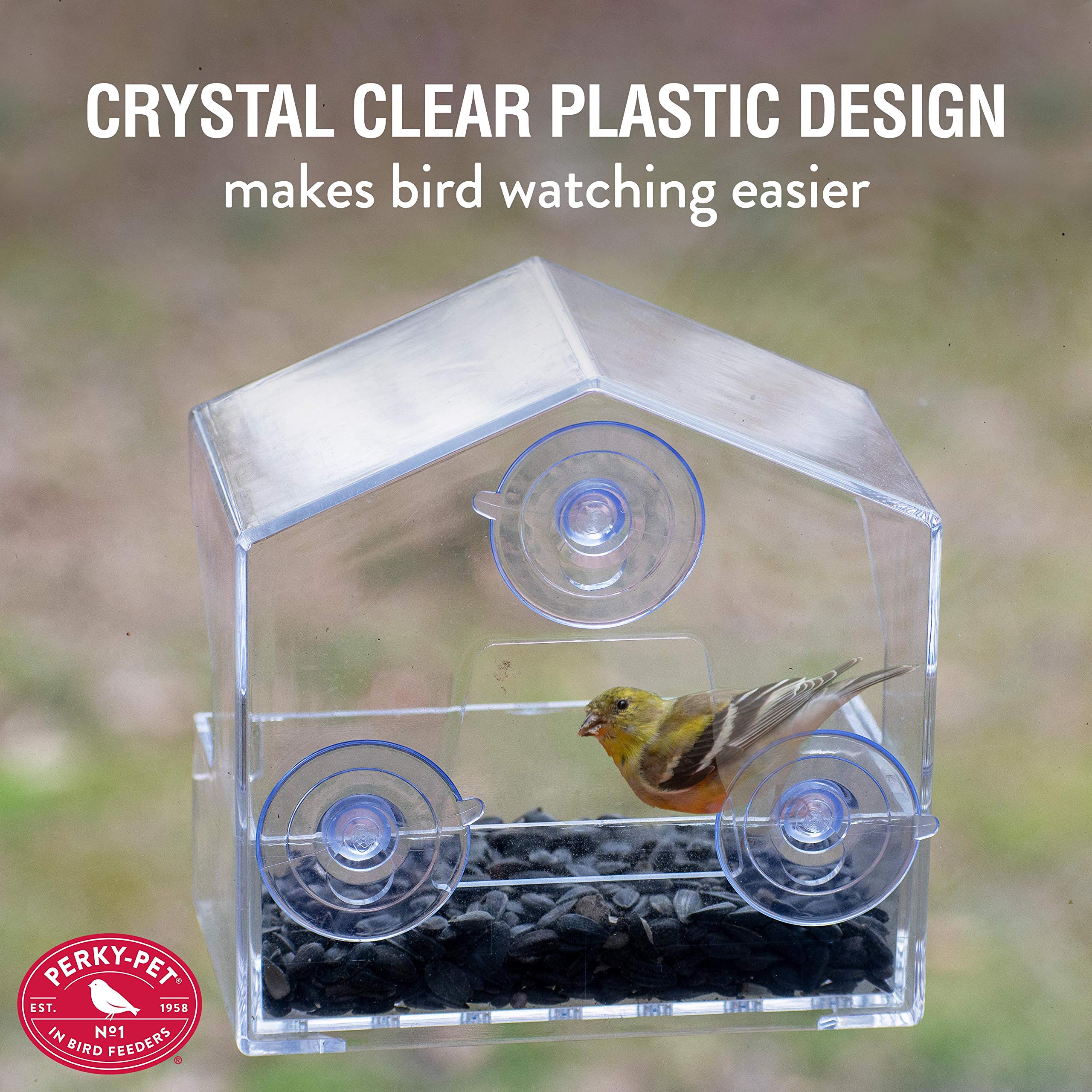 Perky-Pet 345 Clear Outdoor Window Bird Feeder with Strong Suction Cups – 1/2 Lb Seed Capacity